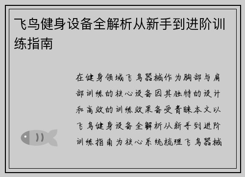 飞鸟健身设备全解析从新手到进阶训练指南
